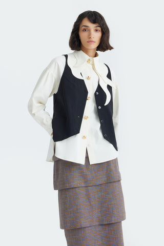 Vintage-Inspired Blouse And Suit Style Vest - Set Ivory & Black