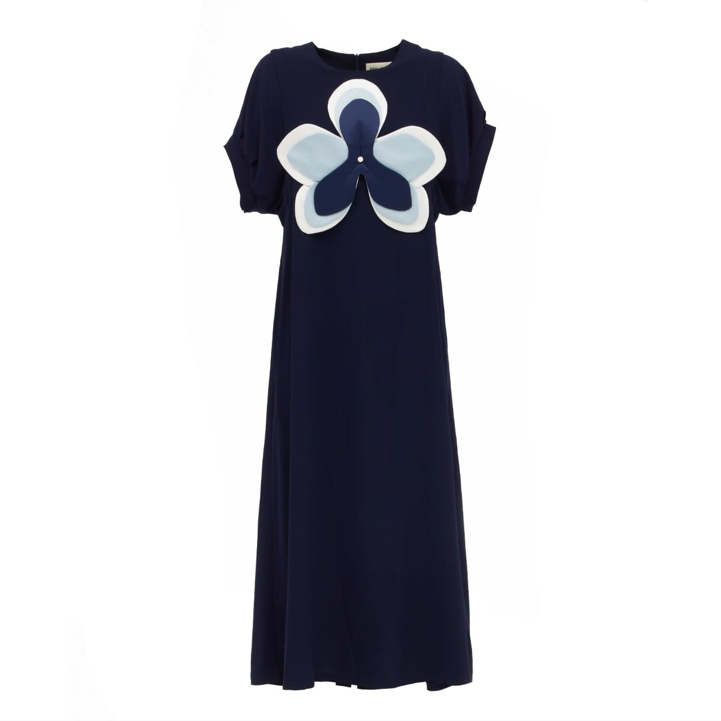 Viscose Midi Dark Blue Dress With Handmade Floral Appliqué