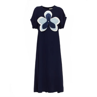 Silky Touch Midi Dark Blue Dress With Handmade Floral Appliqué