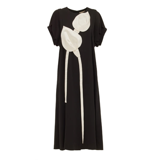 Viscose Midi Black Dress With Floral Detail