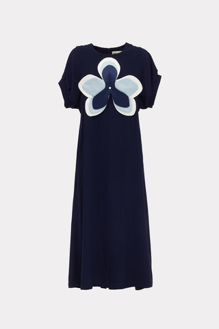Silky Touch Midi Dark Blue Dress With Handmade Floral Appliqué