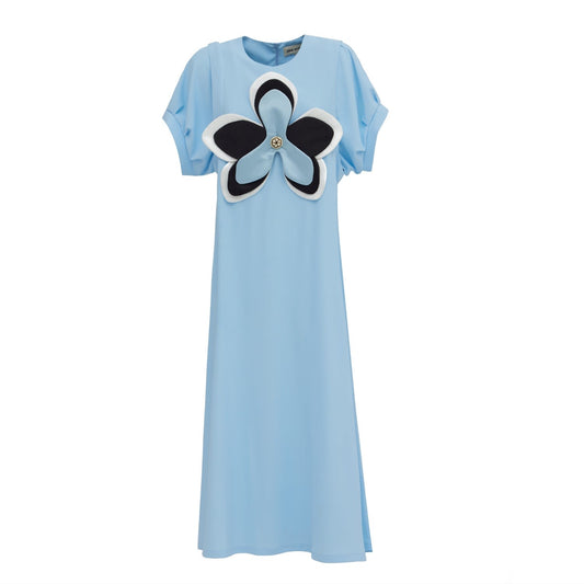 Viscose Midi Light Blue Dress With Handmade Floral Appliqué