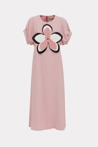 Silky Touch Midi Pale Pink Dress With Handmade Floral Appliqué