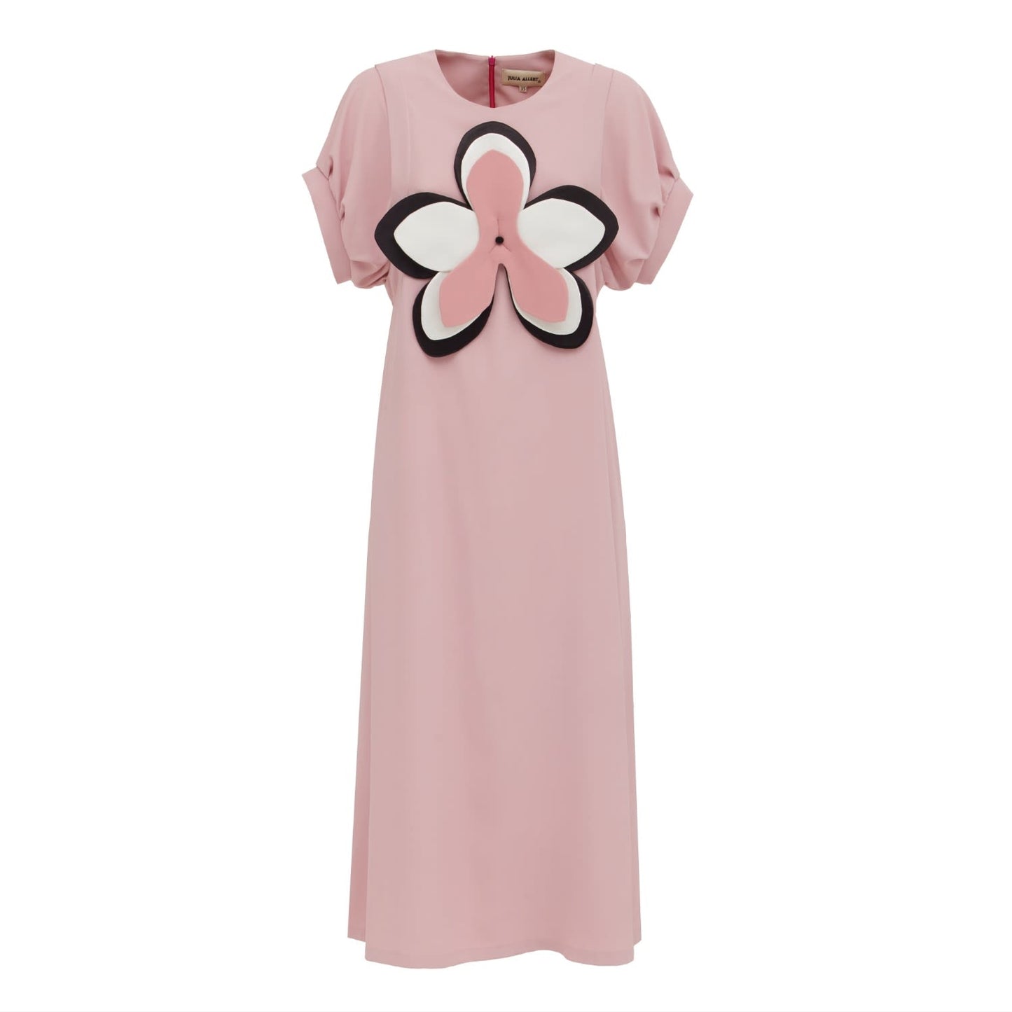 Viscose Midi Pale Pink Dress With Handmade Floral Appliqué