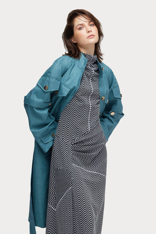 Water-Resistant Single-Breasted Trench Coat With Belt Turquoise