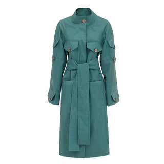 Water-Resistant Single-Breasted Trench Coat With Belt Turquoise