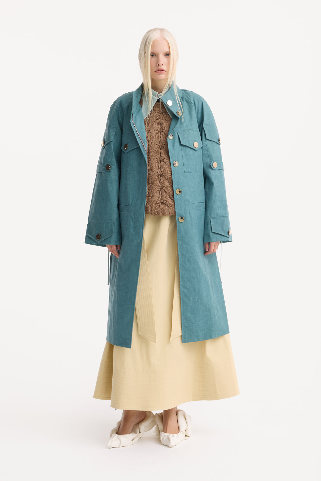 Water-Resistant Single-Breasted Trench Coat With Belt Turquoise