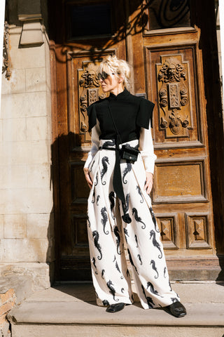 Light Beige Seahorse Print Wide Leg Trousers With Belt – Capsule Edition
