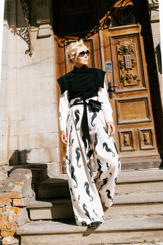 Light Beige Seahorse Print Wide Leg Trousers With Belt – Capsule Edition
