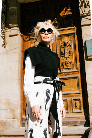 Light Beige Seahorse Print Wide Leg Trousers With Belt – Capsule Edition