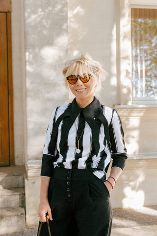Semi-Formal Striped Blouse With Black Double Contrasting Details