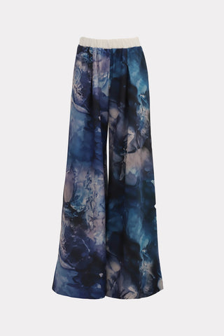 Wide-Leg Abstract Blue Print Trousers With Contrasting Waistband - Julia Allert