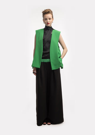 Wide-Leg Black Trousers With Contrasting Waistband Green - Julia Allert