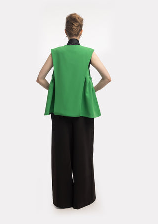 Wide-Leg Black Trousers With Contrasting Waistband Green - Julia Allert