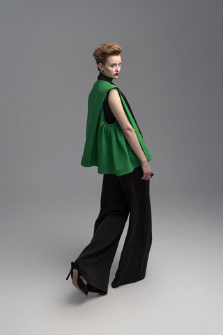Wide-Leg Black Trousers With Contrasting Waistband Green - Julia Allert