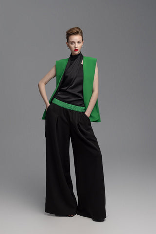 Wide-Leg Black Trousers With Contrasting Waistband Green - Julia Allert