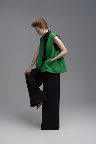 Wide-Leg Black Trousers With Contrasting Waistband Green - Julia Allert