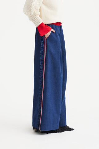 Wide-Leg Denim Trousers With Elastic Waistband – Blue - Julia Allert