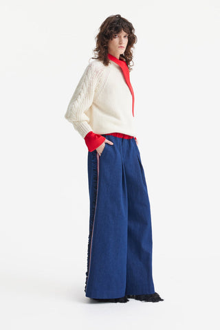 Wide-Leg Denim Trousers With Elastic Waistband – Blue - Julia Allert