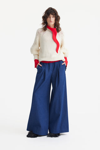 Wide-Leg Denim Trousers With Elastic Waistband – Blue