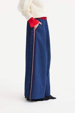 Wide-Leg Denim Trousers With Elastic Waistband – Blue