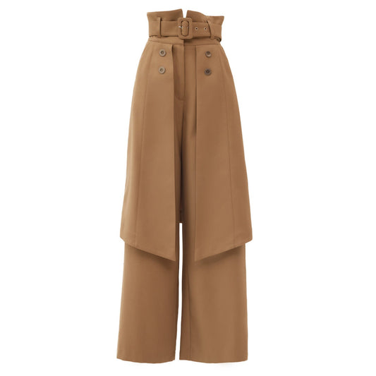 Wide Leg Trousers With Skirt Overlay Beige