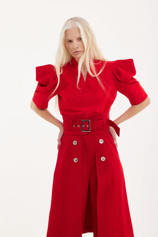 Wide Leg Trousers With Skirt Overlay Red - Julia Allert