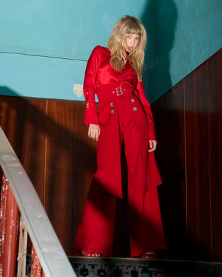 Wide Leg Trousers With Skirt Overlay Red - Julia Allert