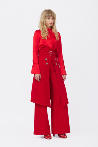 Wide Leg Trousers With Skirt Overlay Red