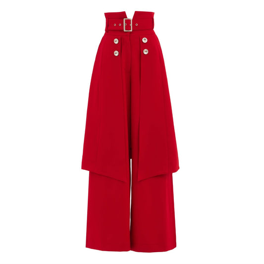 Wide Leg Trousers With Skirt Overlay Red