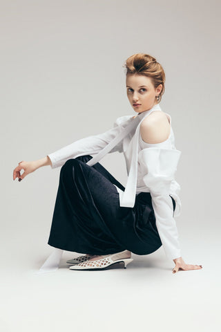 Wide-Leg Velvet Trousers With Satin Details Black - Julia Allert