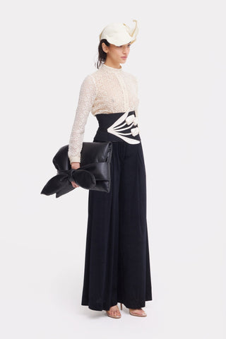 Wide-Leg Velvet Trousers With Satin Details Black - Julia Allert