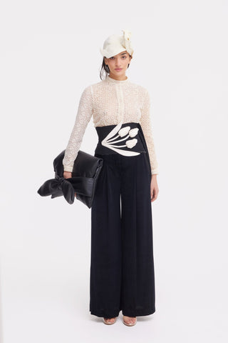 Wide-Leg Velvet Trousers With Satin Details Black - Julia Allert