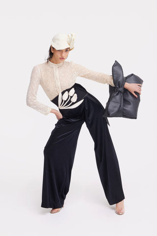 Wide-Leg Velvet Trousers With Satin Details Black - Julia Allert