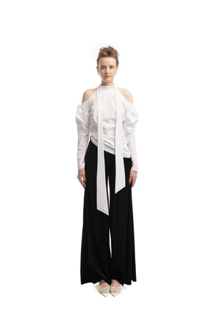 Wide-Leg Velvet Trousers With Satin Details Black - Julia Allert