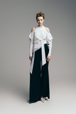 Wide-Leg Velvet Trousers With Satin Details Black - Julia Allert