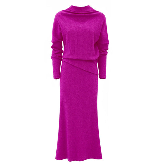 Rib Knit Suit Asymmetric Blouse & Basic Skirt Pink