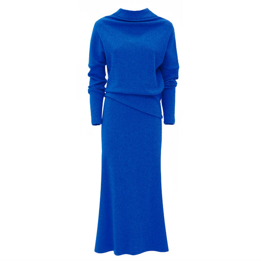 Rib Knit Suit Asymmetric Blouse & Basic Skirt Blue