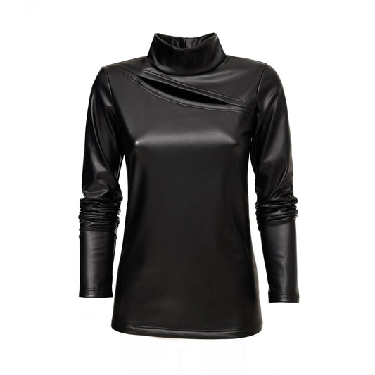 Black Faux Leather Blouse With A Cutout